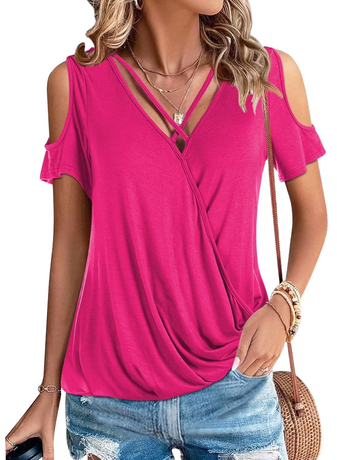 LEIYEE Womens Summer Cold Shoulder Tops Sexy Casual Short Sleeve Wrap V Neck T Shirts Cute Loose Fit Blouse