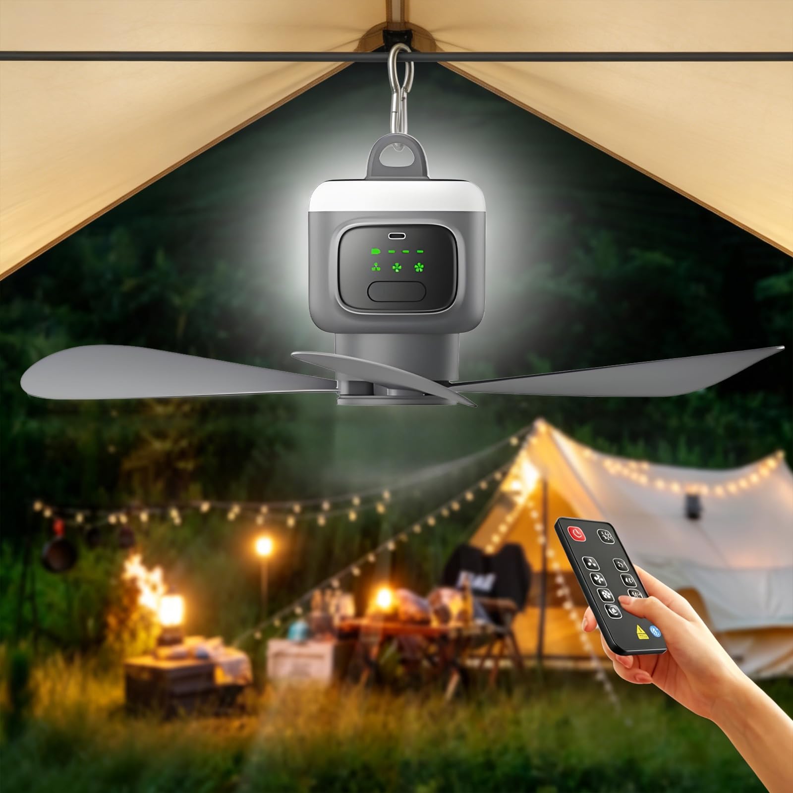 Rechargeable Portable Ceiling Fan with Light,12000mAh Battery Operated,Camping Ceiling Fan, Usb Mini Ceiling Fan, Ceiling Fans with Night Lights and Remote,Timer, for Tent Car Picnics Travel (Black)