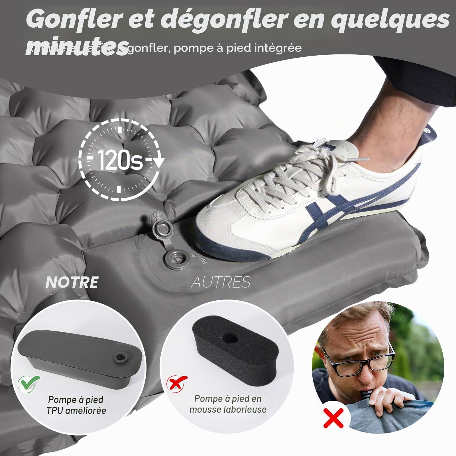 LAMA Double Matelas Isolant de Camping Gonflable pour 2 Personnes 200 * 140 * 10 cm Tapis de Couchage Ultra léger avec Pompe à air Coussin Presse à Pieds pour Camping, randonnée, Tente, Plage, Gris