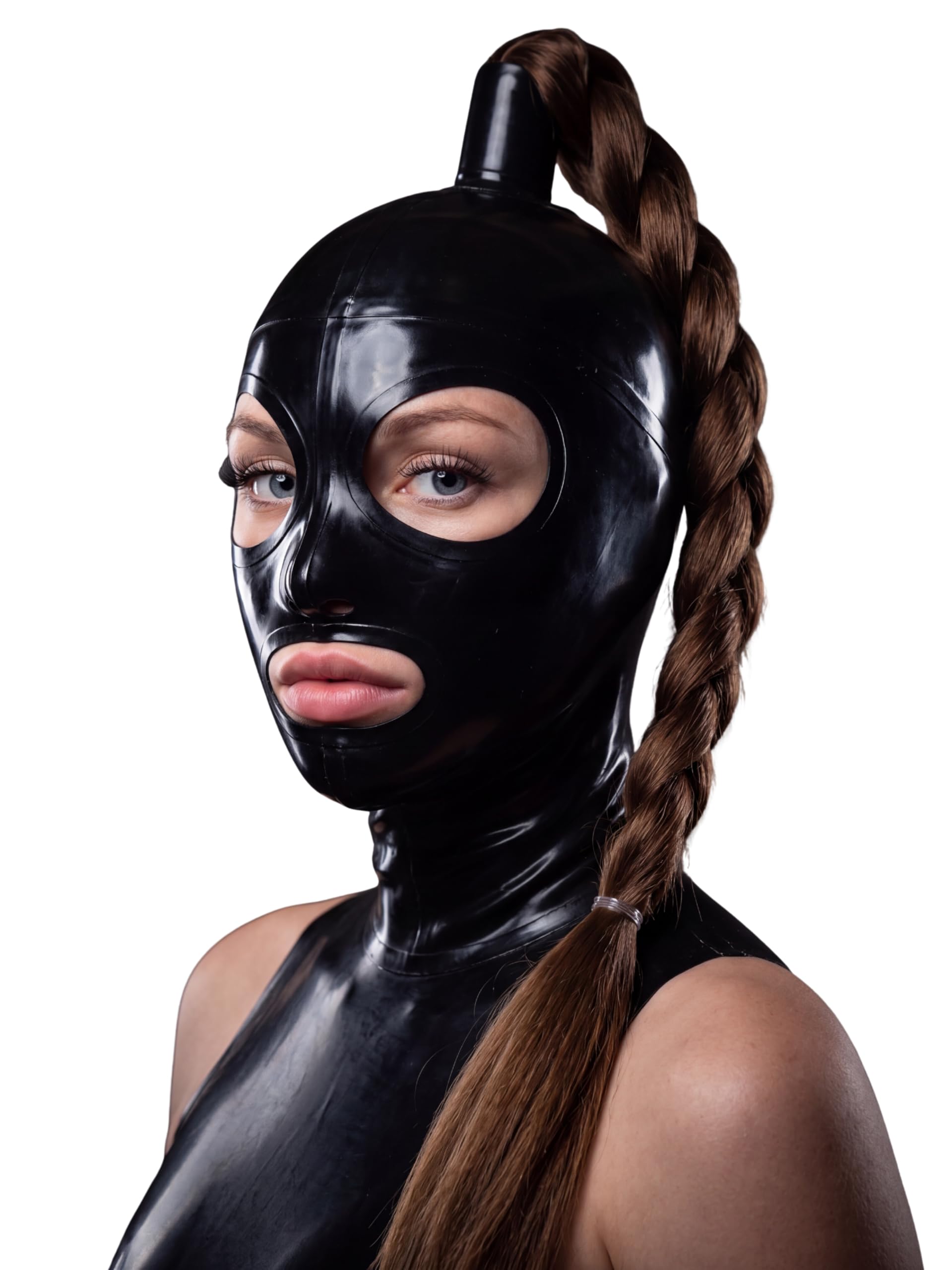 VH-P Latex-Maske mit braunem geflochtenem Haarzopf – Kopfmaske aus hochwertigem Naturlatex, Schwarz – für BDSM, Fetisch, Cosplay & Halloween