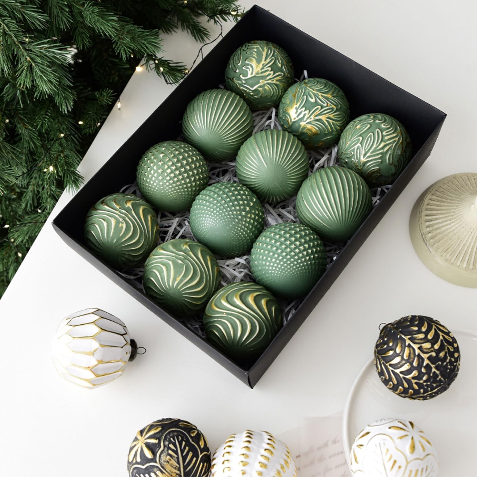 Palline di Natale, 12 palline di Natale rustiche da fattoria 3,15'' in plastica infrangibile for decorazioni natalizie sull'albero(Nero)