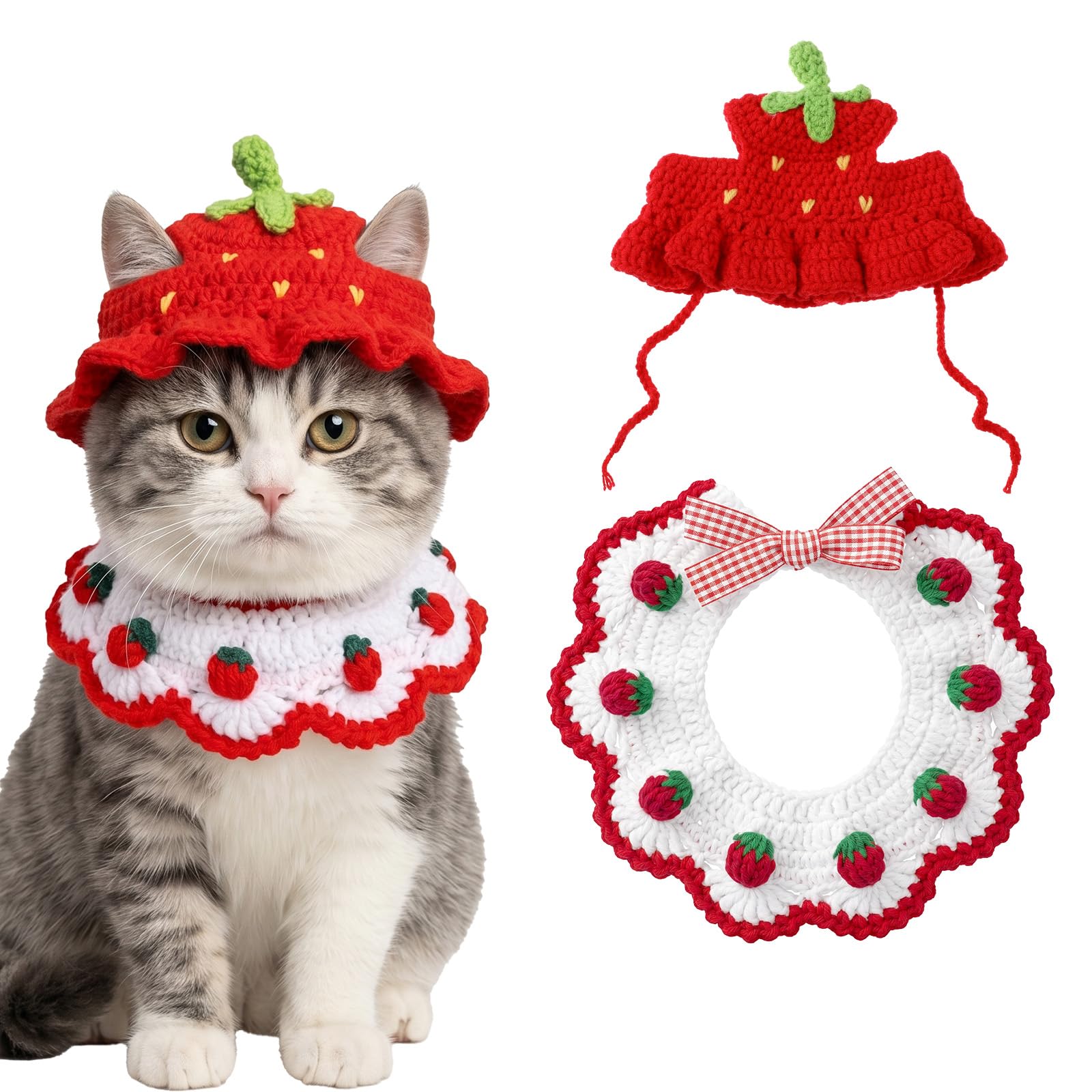 RAHHLIZS 2pcs Strawberry Cat Cloth and Kitten Hat, Cute Crochet Hats Bow Tie Strawberry Collar for Cats Gifts Present Decor Cats Clothes Outfits