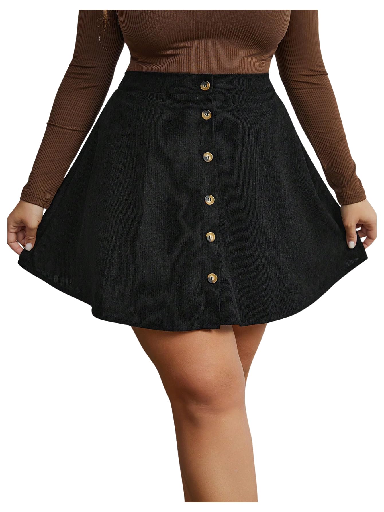 Womens Plus Size Corduroy Mini Skirt Elegant Button Front High Waisted A Line Work Office Skirts