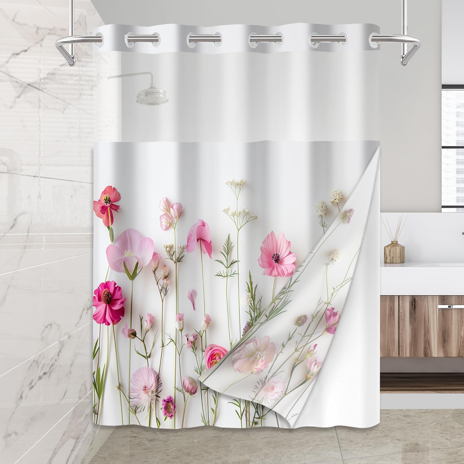 No Hook Shower Curtain Set with Snap in Fabric Liner for Bathroom,with See Through Top Window,Double Shower Curtain with Detachable Liner Replacement,Machine Washable,Pink Flower,71"x 74"