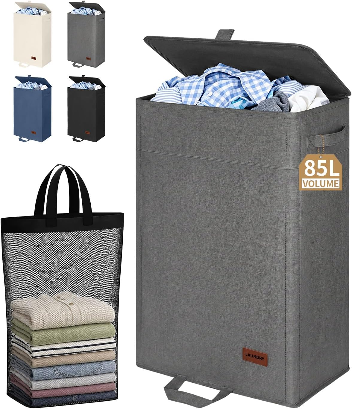 85L Laundry Hamper with Lid, Tall Dirty Clothes Hamper, Grey | Foot Loop & Removable Bag Easy to Lift and Carry, Tall & Collapsible Laundry Basket for Bathroom, Bedroom, Laundry Room, Dorm