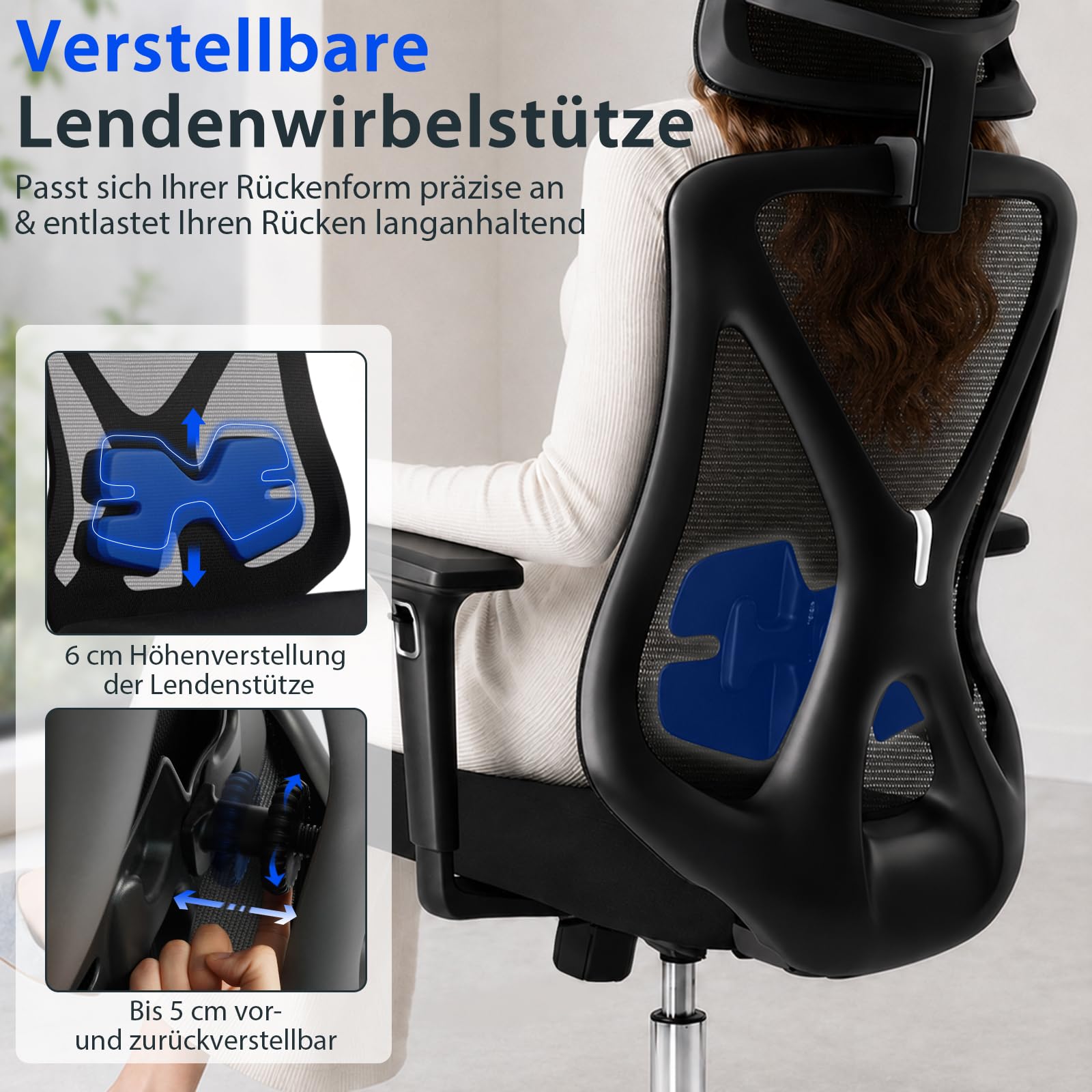 Hoolamyie Ergonomischer Bürostuhl mit Kopfstütze & Lendenstütze, Drehstuhl mit Sitztiefenverstellung, 3D Armlehnen, Mesh Schreibtischstuhl ergonomisch für Homeoffice & Büro, Schwarz