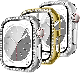 عبوة من 3 قطع جراب بلينج دايموند لساعة ابل سلسلة 8 7 اس اي 45 ملم البولي كربونات مع شاشة حماية الزجاج المقوى وماس كريستالي متوافق ساعة ووتش فضي + ذهبي +