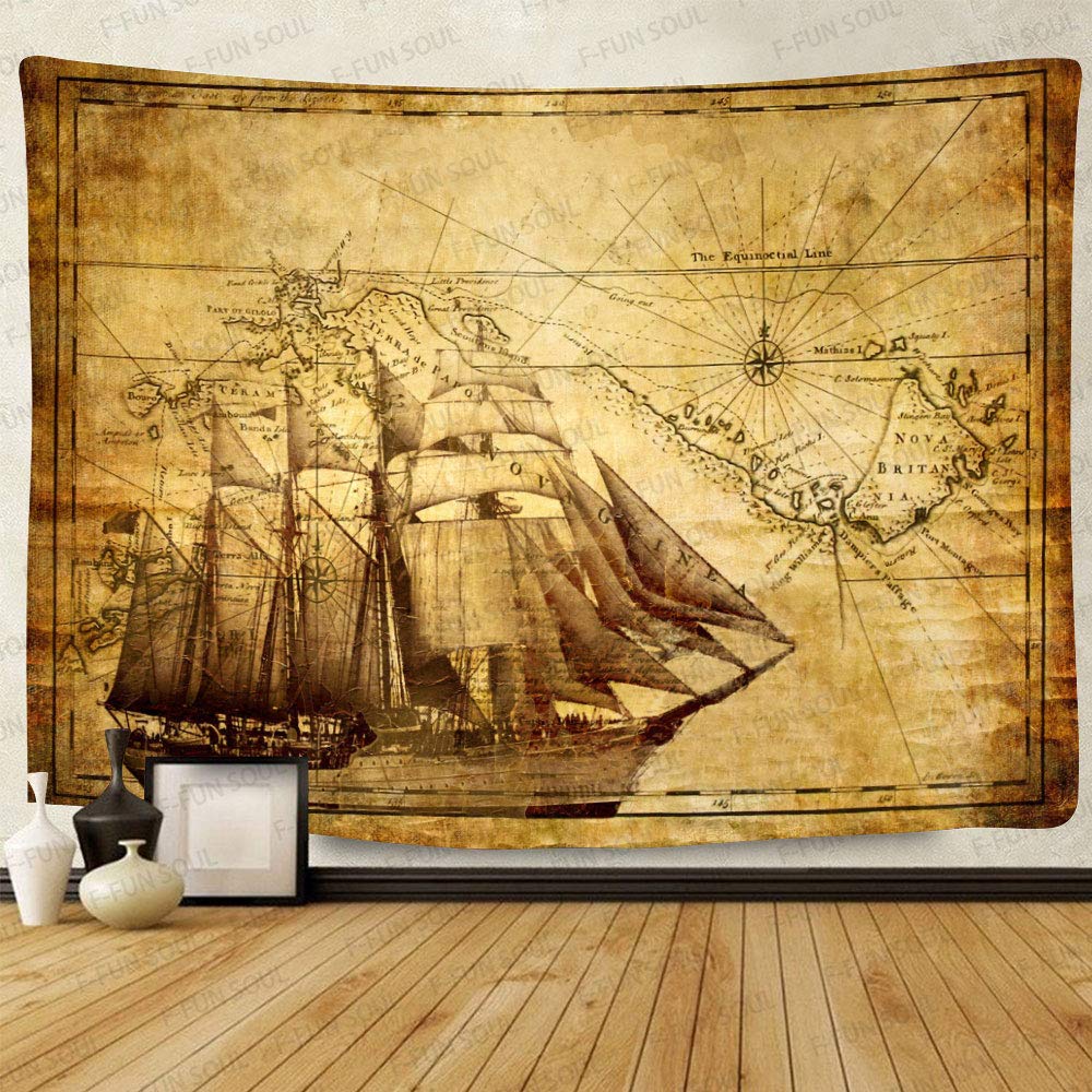 F-FUN SOUL Pirate Treasure Map Sailing Ship Drawing Tapestry, Large 80x60inches Soft Flannel, Old Ancient Pattern Wall Hanging Tapestries for Living Room Bedroom Decor DSFS1038