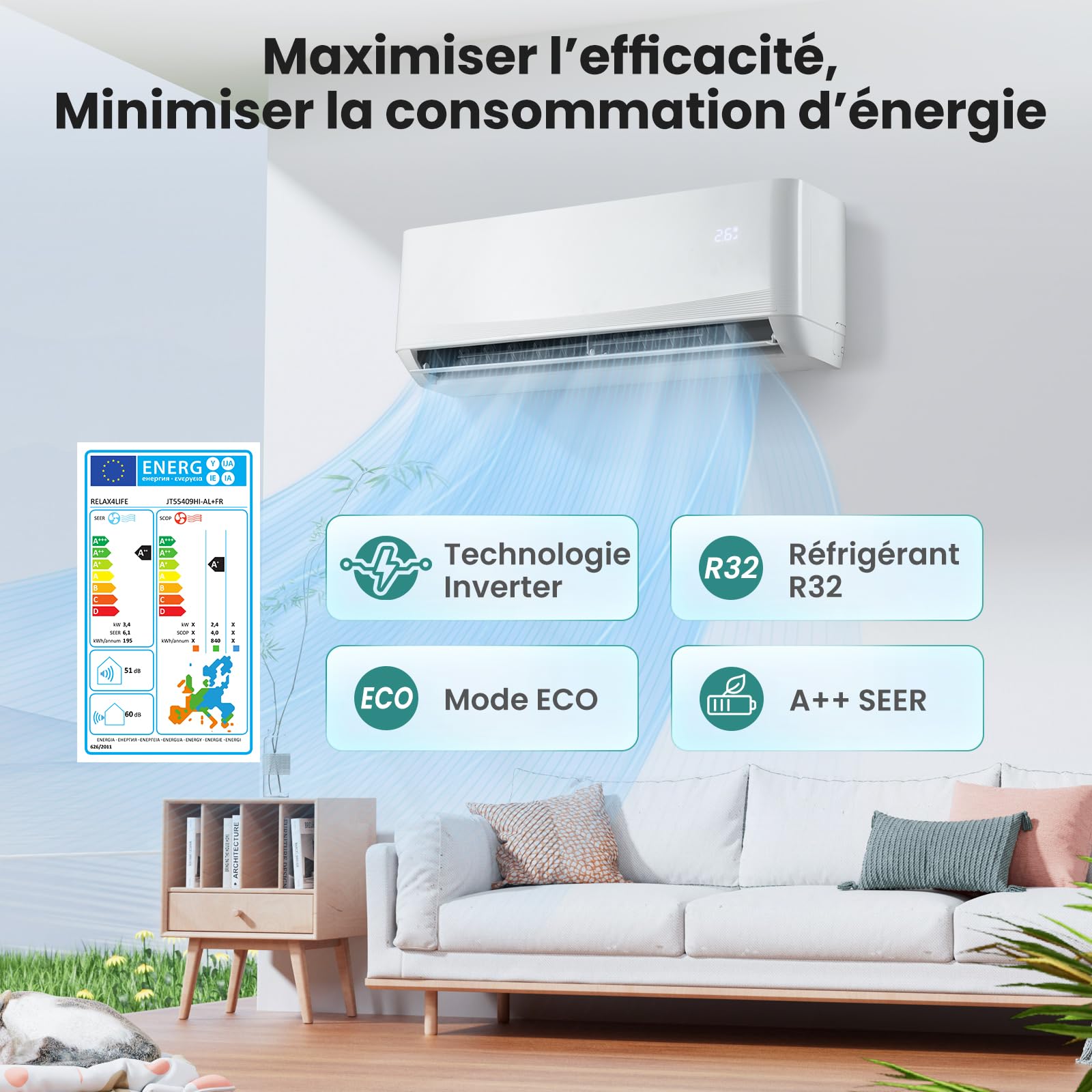 RELAX4LIFE Climatiseur Mural Reversible 12000 BTU | Clim Reversible Prêt à Poser | Pompe à Chaleur | Système Inverter Eco | Climatisation Split Silencieuse | 7 Modes 8 Vitesses | Tout Inclus