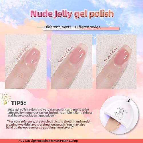 Miniatura 7 de SKVP Juego de esmaltes de uñas de gel de gelatina de 0.5 onzas líquidas, esmalte de uñas de gel color pastel nude transparente, kit de esmalte de