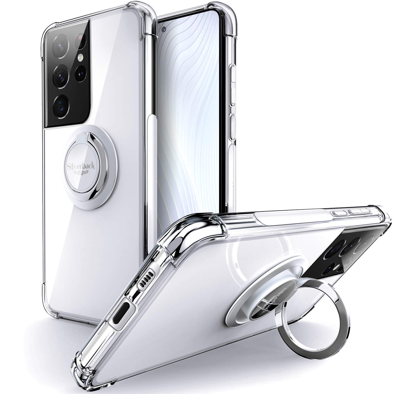 Silverback for Galaxy S21 Ultra Case Clear with Ring Kickstand, Protective Shock -Absorbing Bumper Shockproof Phone Case for Samsung Galaxy S21 Ultra 5G -Clear