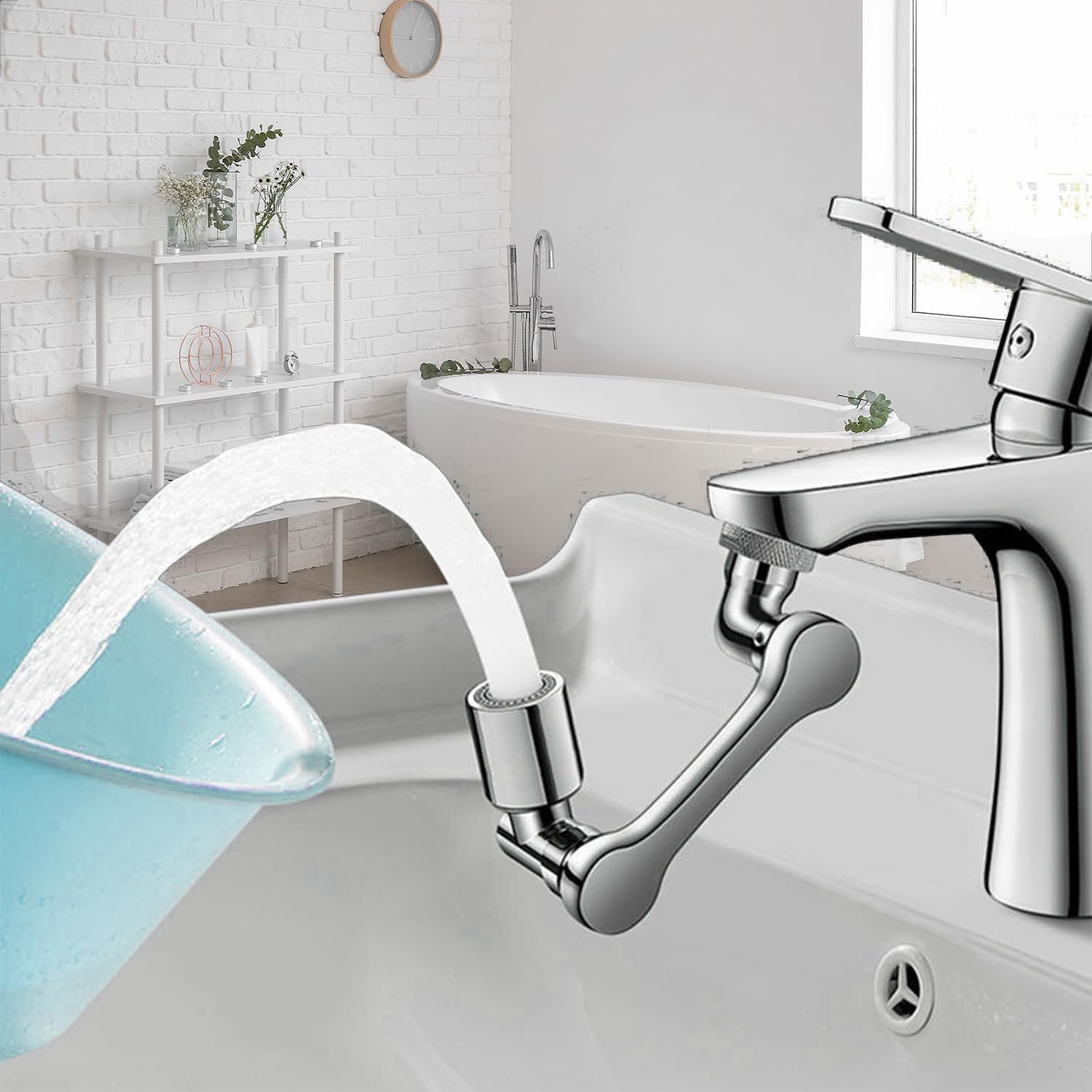 Rotating faucet adapter, splash proof extension device, chrome plated splash proof extension device, with 360 degree adjustable sink accessory