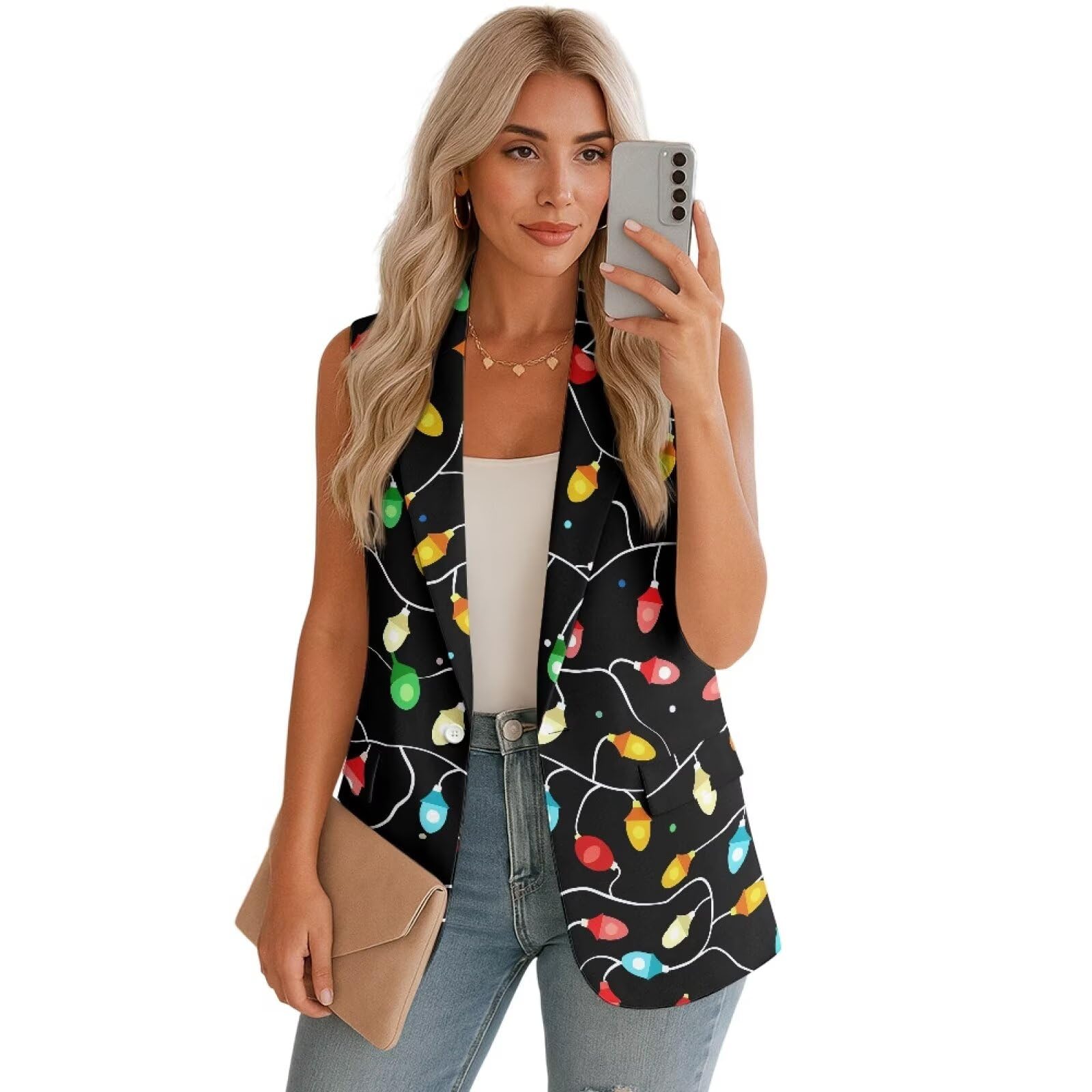 Biyejit Womens V-Neck Office Business Button Suit Vest Waistcoat Sleeveless Cardigans Lightweight Blazer Vest with Pockets