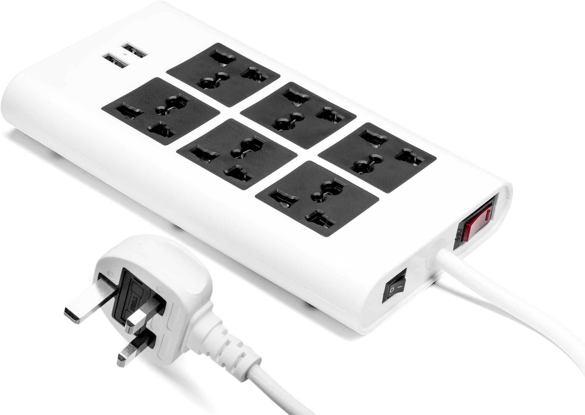 Universal Power Strip 6 Outlets - 100V to 220V/250V and 2550 Watts Surge Protector - With circuit breaker - Universal worldwide outlets - UK plug