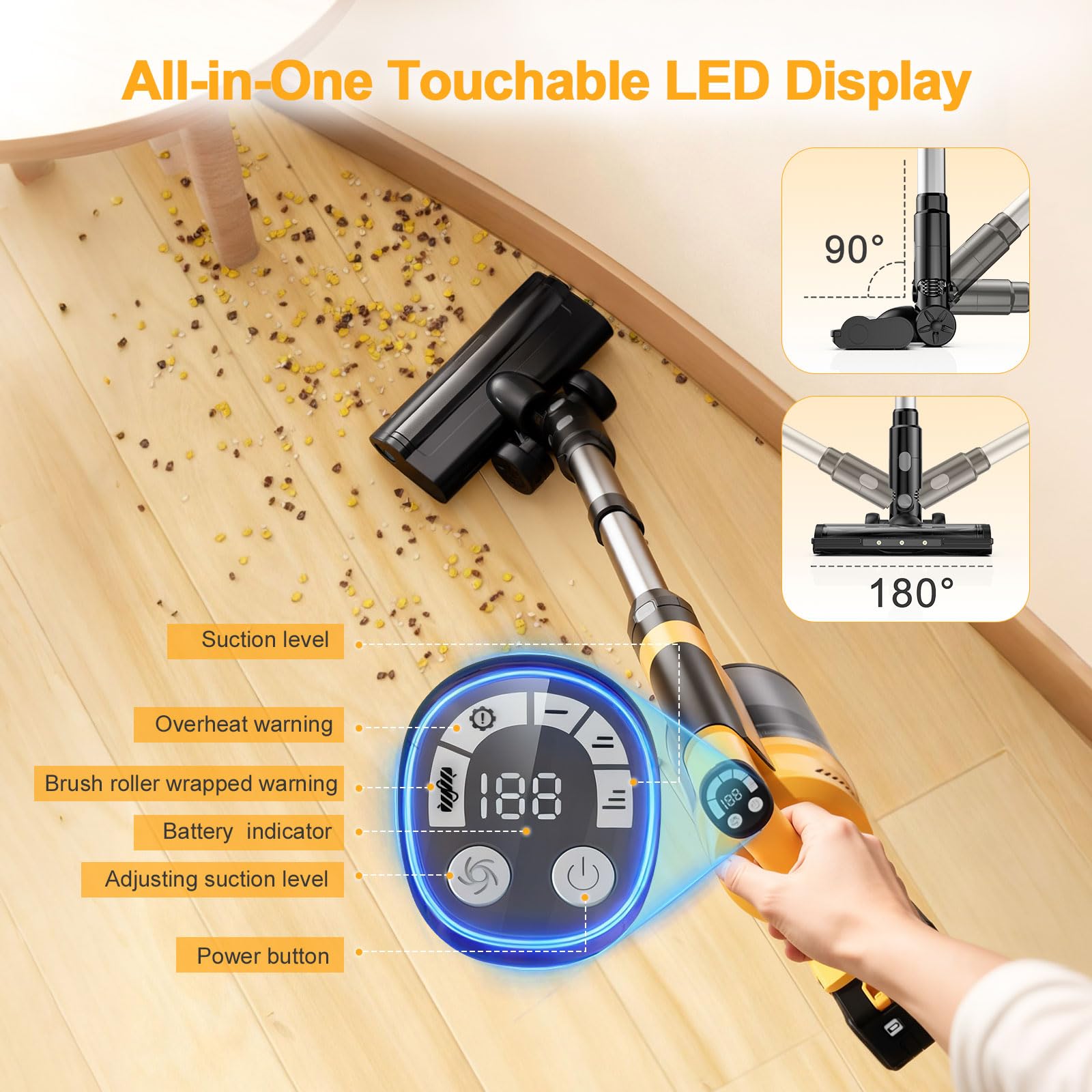 60KPa/700W/70Min Aspirapolvere Senza Fili compatibile per Batteria Dewalt 20V(batterie non incluse) Scopa Elettrica Senza Fili Verticale Antigroviglio con LED, per Pavimenti/Tappeti/Peli Animali