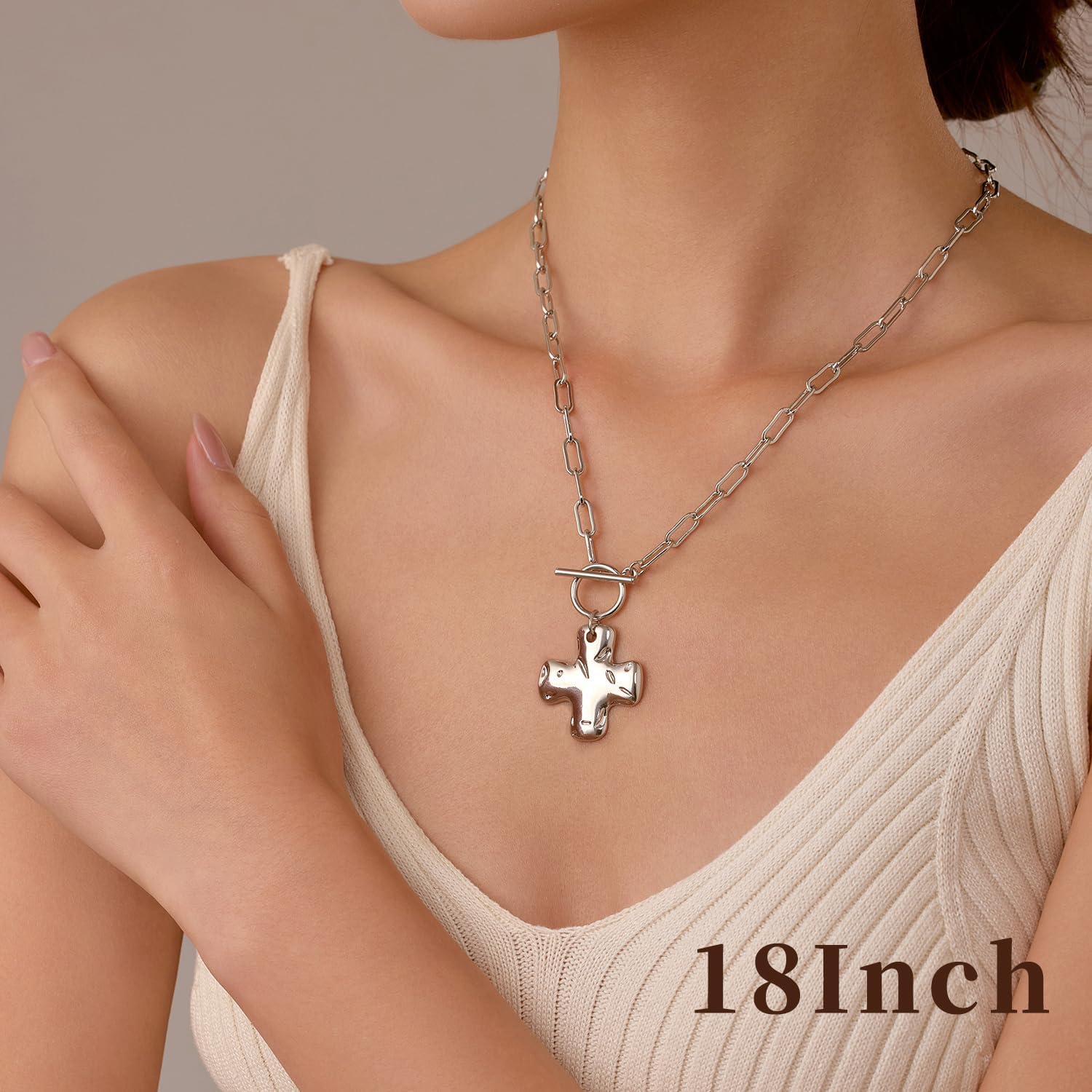 Joxevyia Gold Cross Necklace for Women Hammered Cross Pendant Toggle Clasp Paperclip Chain Statement Choker Bold Faith Jewelry Gift - Image 3