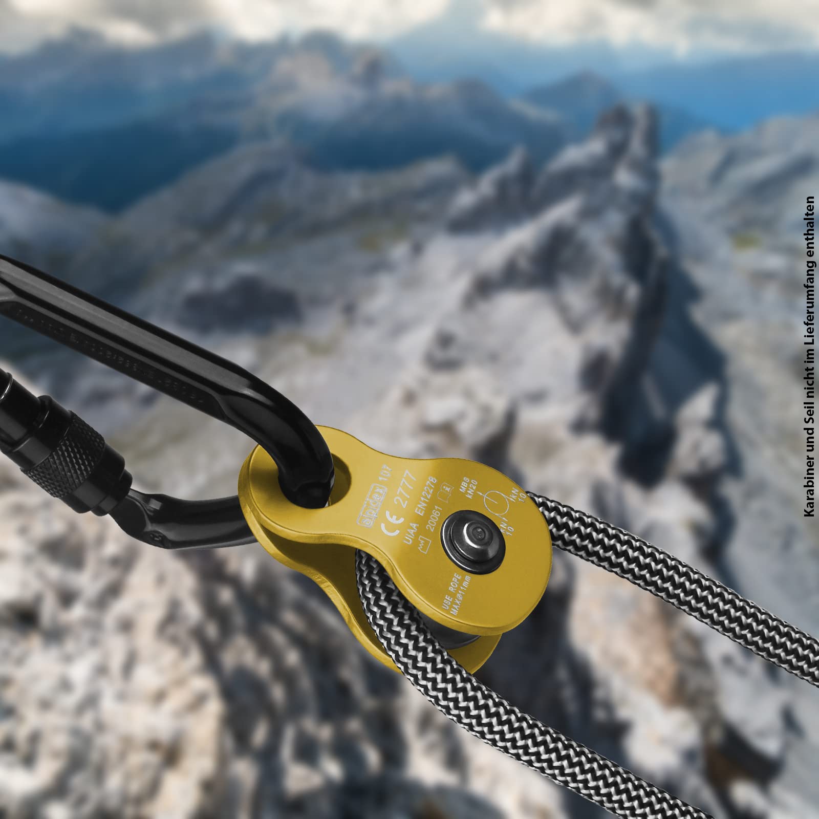 ALPIDEX Polea 20 kN | Polea Móvil | Bloque de Polea | Norma EN12278 | Cuerdas hasta 11 mm Diámetro | Polipasto de Cuerda | Sistema de Polea Cable