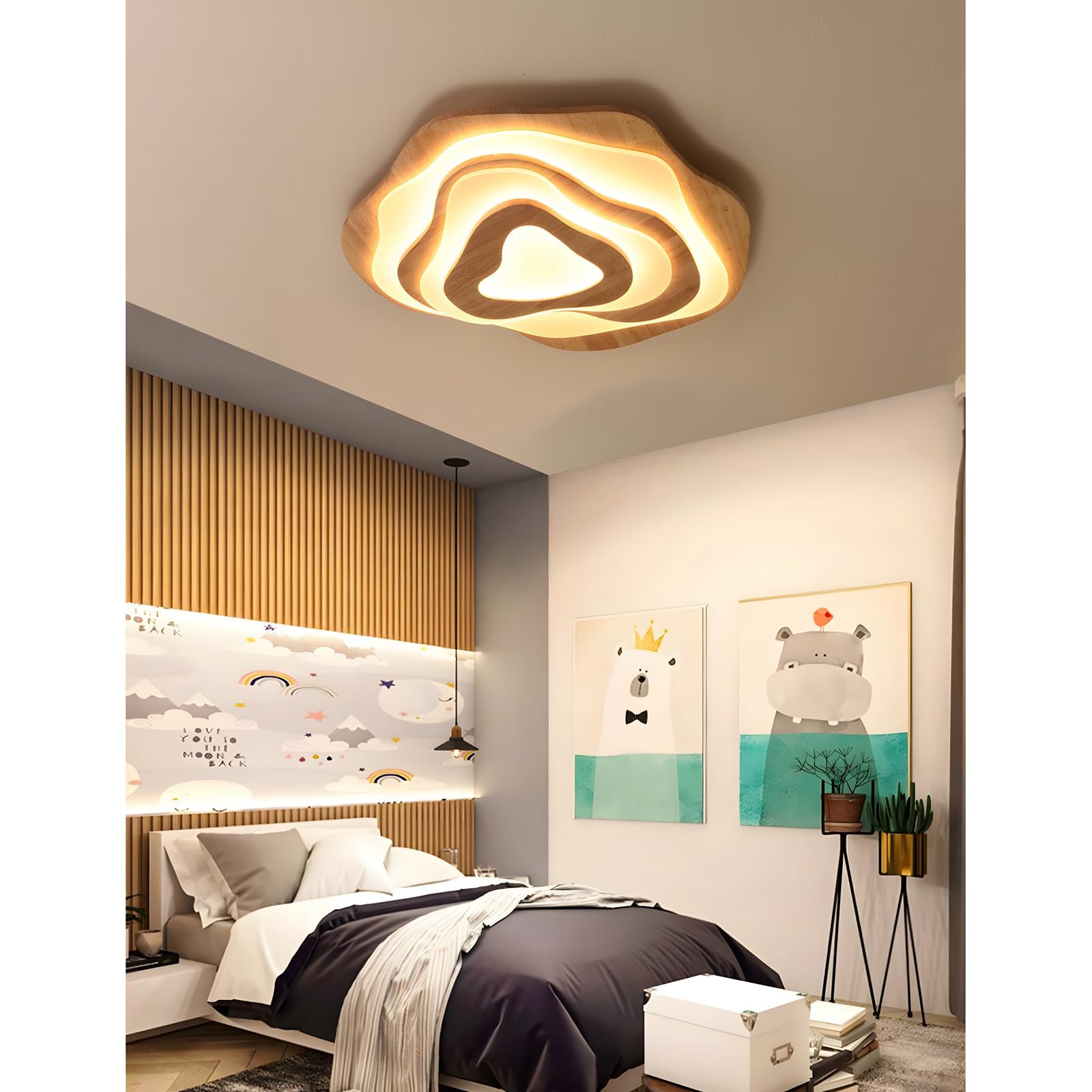 Lámpara Techo LED Madera | Ø57cm 50W 4300lm | 3000K-6000K Regulable Con Control Remoto, Lámpara Moderna Madera Natural + Nubes Acrílicas, Sala Estar Dormitorio Infantil Cocina Comedor Casa