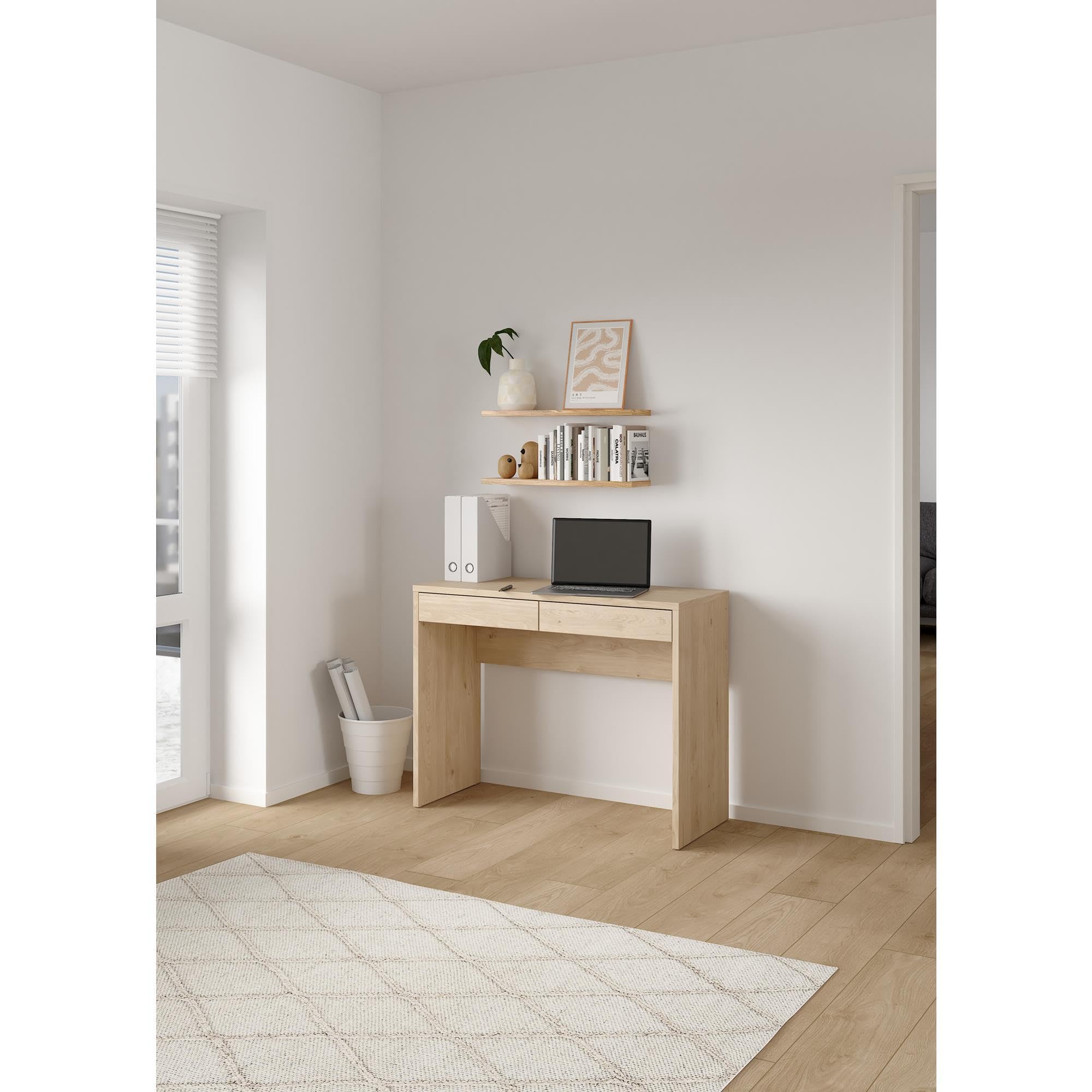 Mesa Escritorio de Estudio Jucar Oak con 2 Cajones, Color Roble, 101 x 40 x 77 cm
