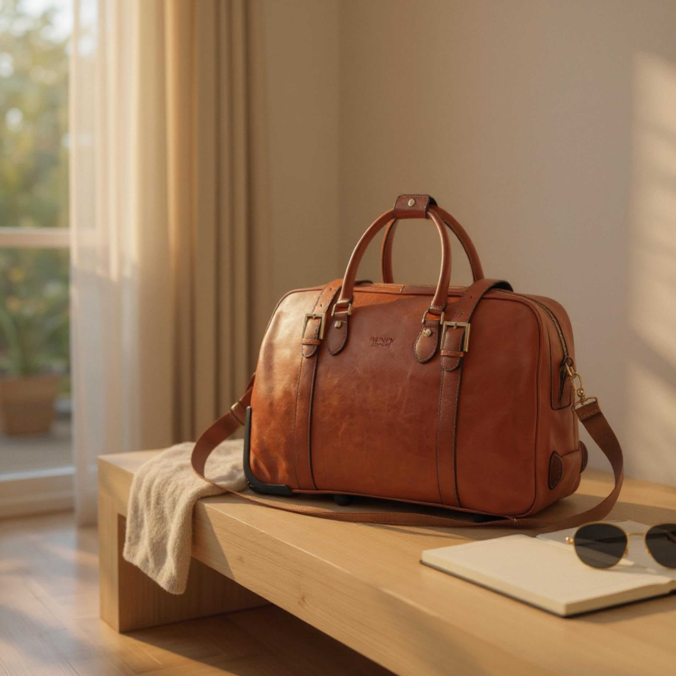Reisetasche Mit Rollen aus Echtem Leder 43 l Vintage Reisetasche Für Herren Weekender Aus Rindsleder Mit Schultergurt, Messingbeschlägen und Nylonfutter