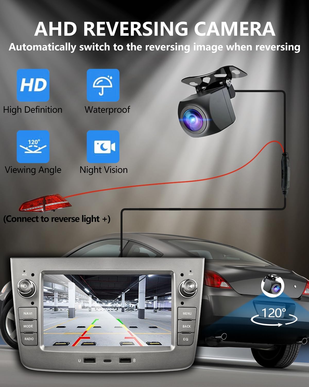 Diagram showing the installation of an AHD reversing camera with connections to the car radio and reverse light.