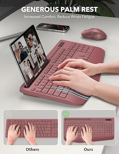 Miniatura 38 de Combo de teclado y mouse inalámbricos, teclado ergonómico de tamaño completo con reposamuñecas, soporte para teléfono, modo de suspensión, Rosa