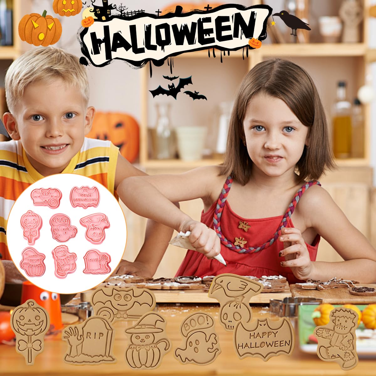 1set emporte-pièces Halloween 3D avec tampon à piston, moules biscuits fantôme, découpoirs fondant pour décoration gâteau fête Halloween pâtisserie | Leroy Merlin