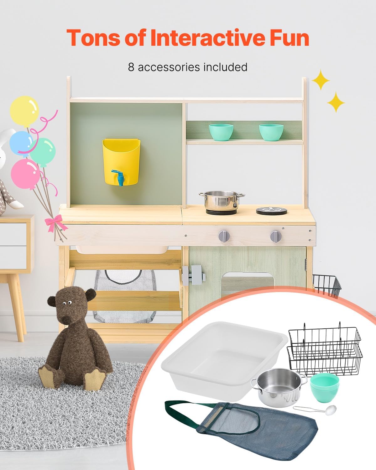 VEVOR Wooden Toy Play Kitchen Set, Mud Kitchen for Kids, Outdoor Toddler Grocery Store Playset, Pretend Play Kitchen with Stoves, Tank, Faucet, Storage Bag, Metal Baskets, and Cookware Pots