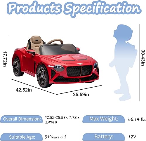 Miniatura 2 de 12V Licensed Bentley Mulsanne Ride on Car, Kids Battery Powered Electric Vehicle Toy wParent Remote Control, 3 Speeds,USB, MP3, Bluetooth, LED