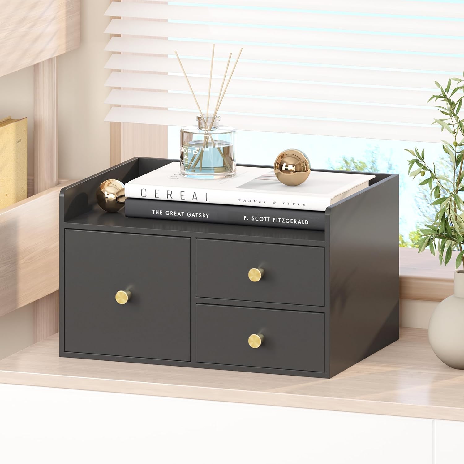 Bamboo Desk Organizer - Stackable, No Assembly Required, Ideal for Office/Home Use - Perfect for Toiletries, Stationery, Accessories. (Black, Square drawer to the left of the fence)