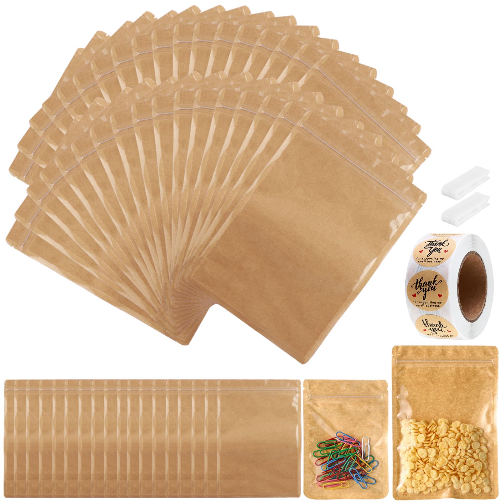Confezione da 150 sacchetti in carta kraft Mylar da 17,8 x 25,4 cm, con finestra trasparente, grandi sacchetti richiudibili per alimenti a prova di odore, confezione da 150 sacchetti con cerniera per