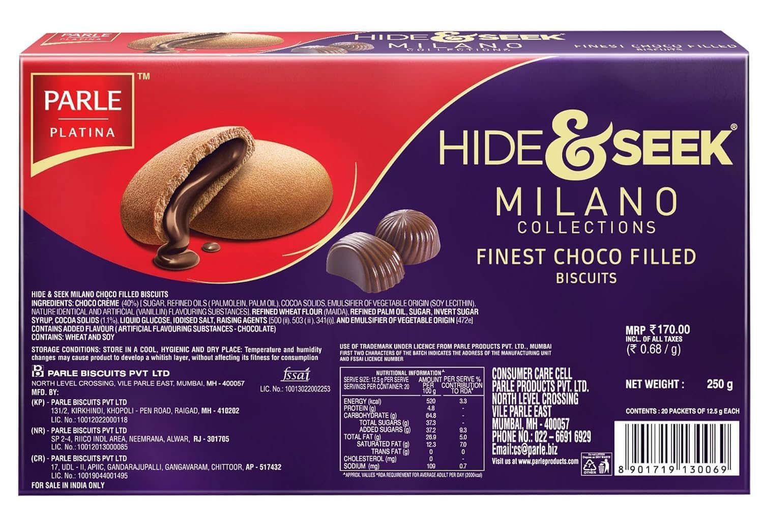 Parle Platina Parle Hide & Seek Milano Center Filled Regular Chocolate 250 G/200 G (Weight May Vary)