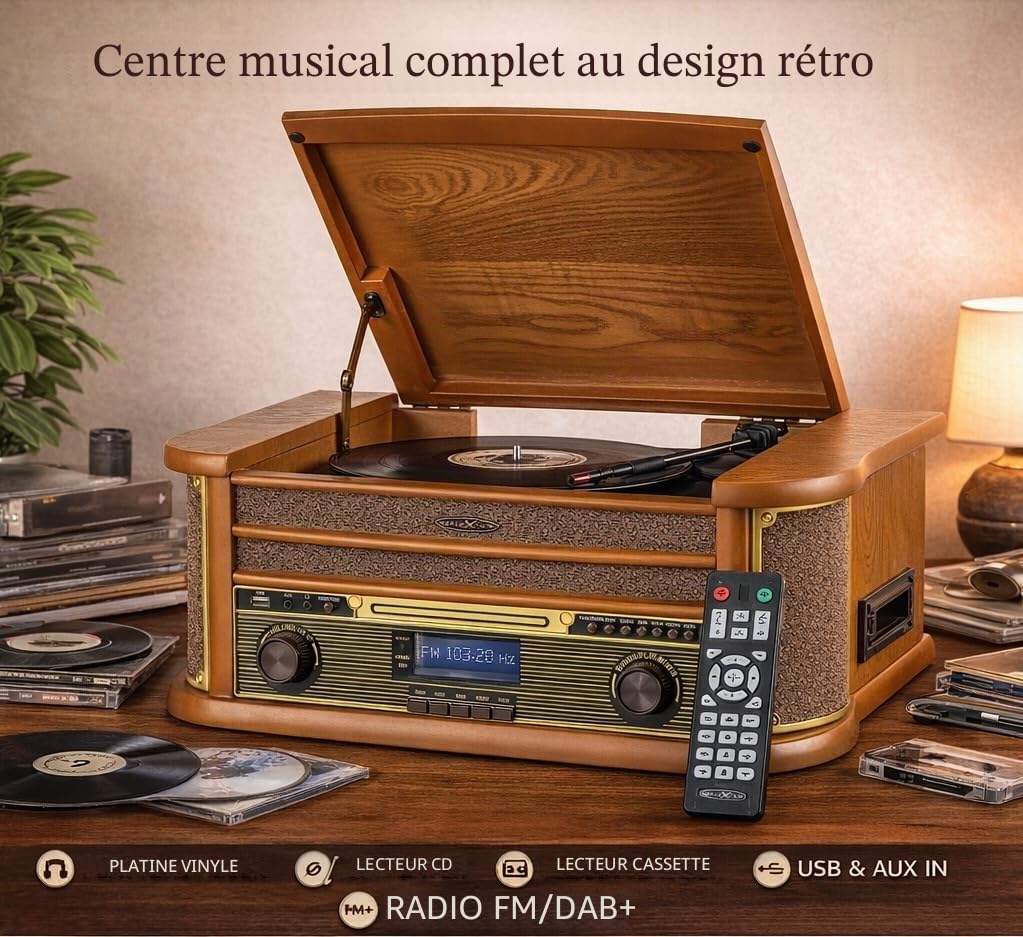 Reflexion HIF2002 Système stéréo rétro avec Platine Disque, Cassette, Lecteur CD et Radio Dab, Dab+, FM/MW, MP3, USB, écran LCD, télécommande, 80 W, boîtier en Bois véritable, Marron