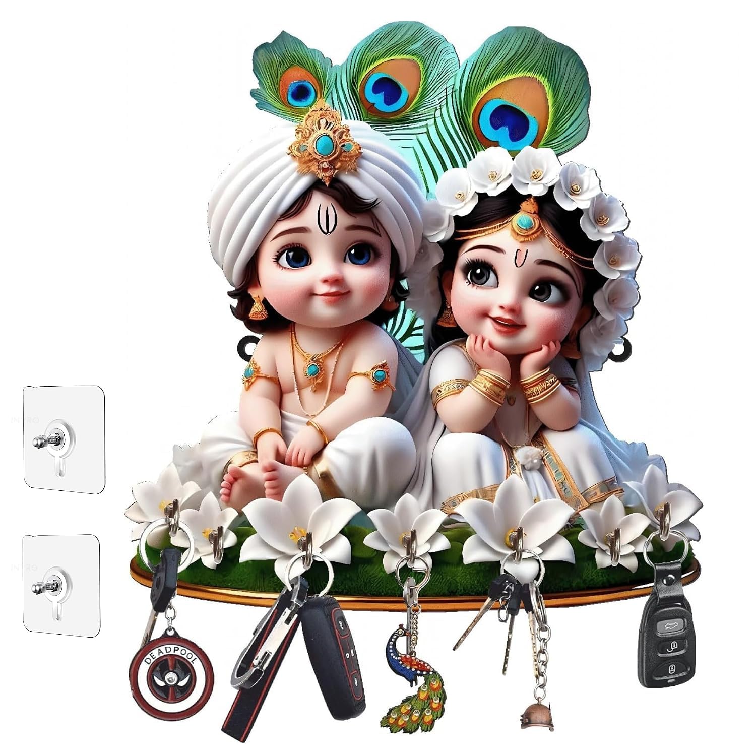 SDECOR Premium Cute Radha Krishna Key Holder for Home/Office Decor | 3D UV Printed Wooden Key Hanger Decorative Key Chain Holder (10 x 10 Inches)-image-32