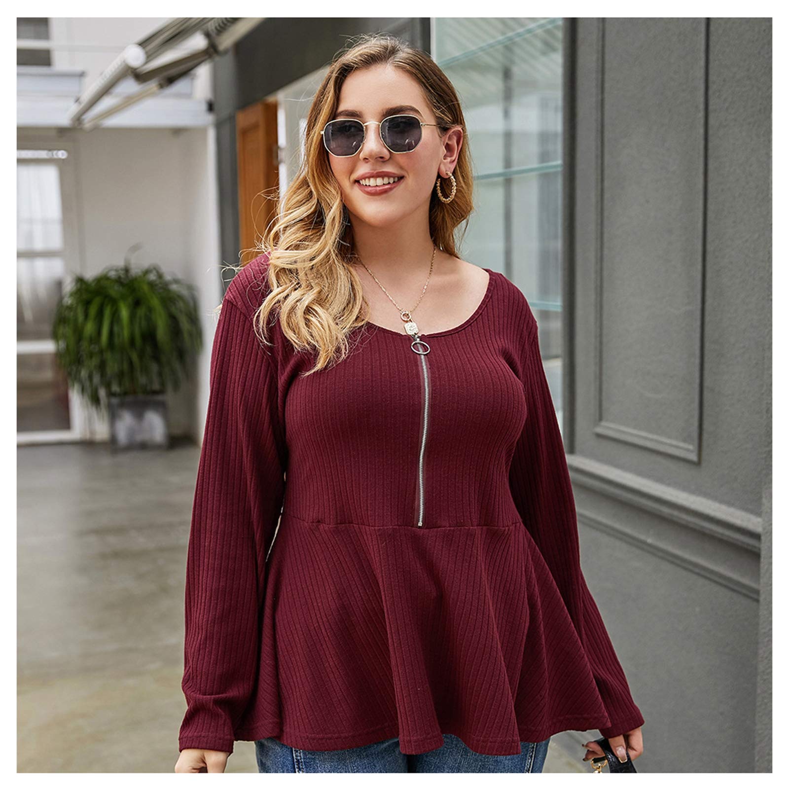 Pull femme manches longues grande taille haut col rond mi-saison confortable