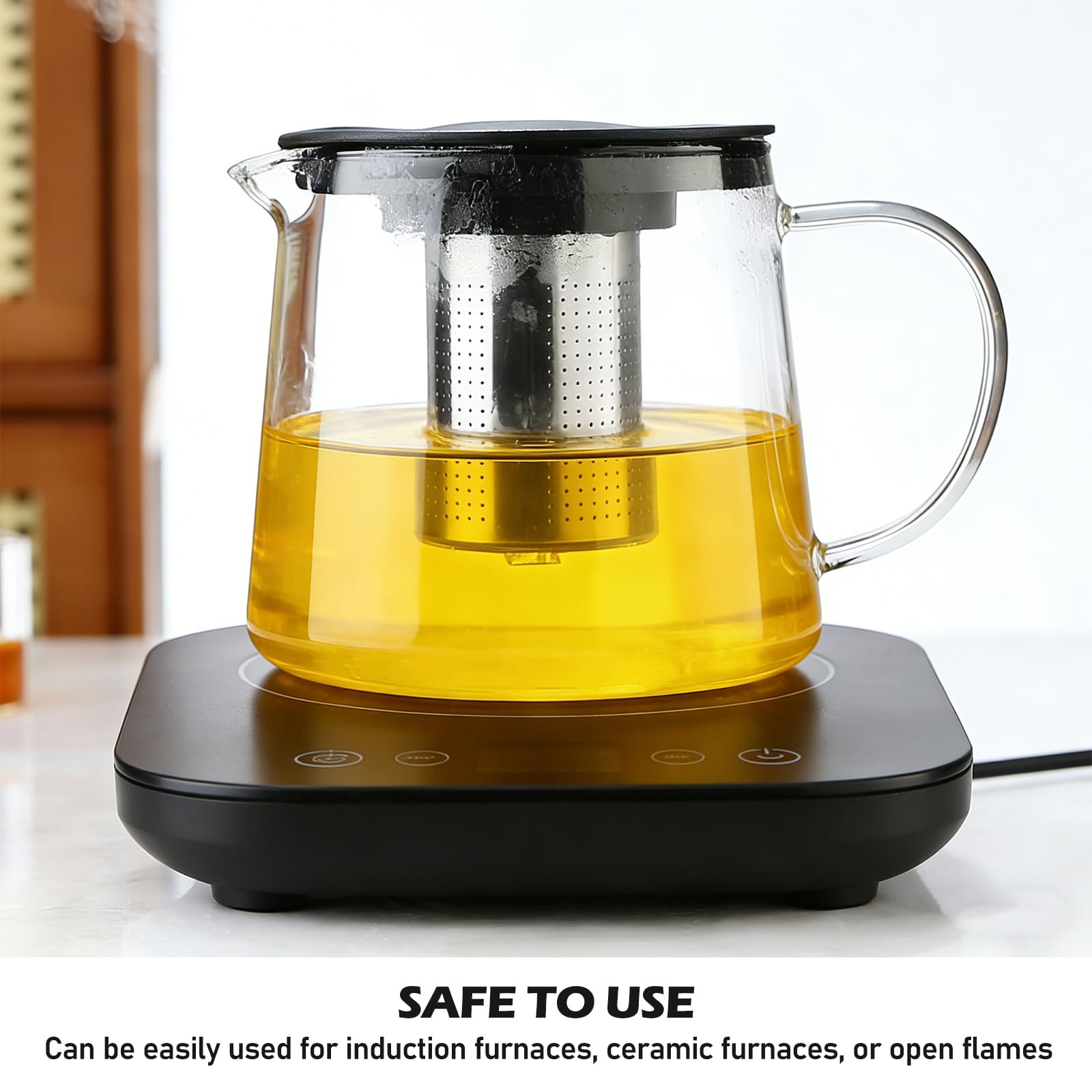 Teiera in vetro da 1500 ml, caraffa in vetro borosilicato con infusore rimovibile, lavabile in lavastoviglie, ideale per tè, caffè, tè alla frutta e tè alle erbe (nero)