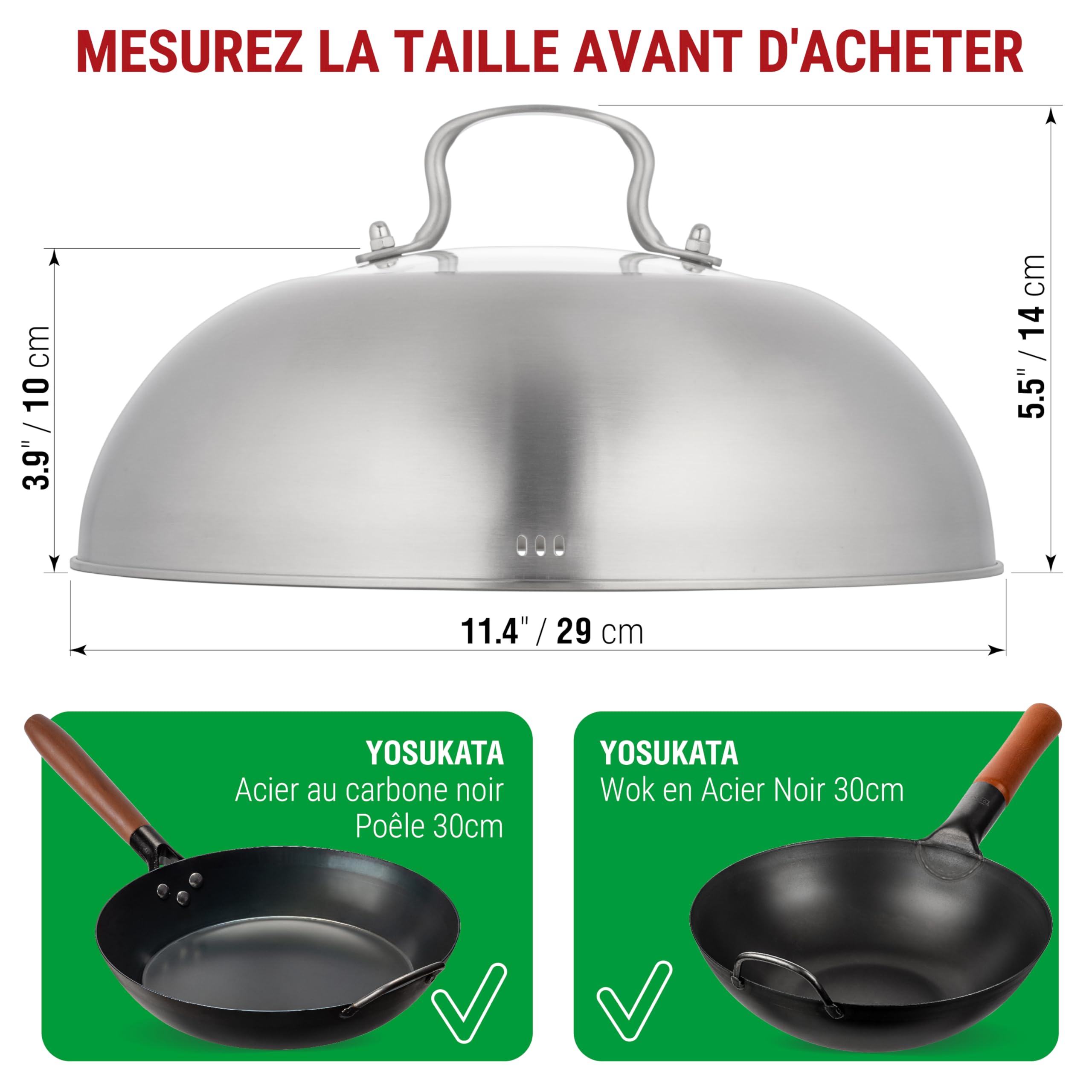 YOSUKATA Couvercle de Poêle Wok en Acier 29 cm Pour Wok de 30 cm - Сloche Plancha Avec Verre Trempé, Trous de Vapeur et Poignée Ergonomique - Cloche à Barbecue et Burger – Accessoires de Сuisin
