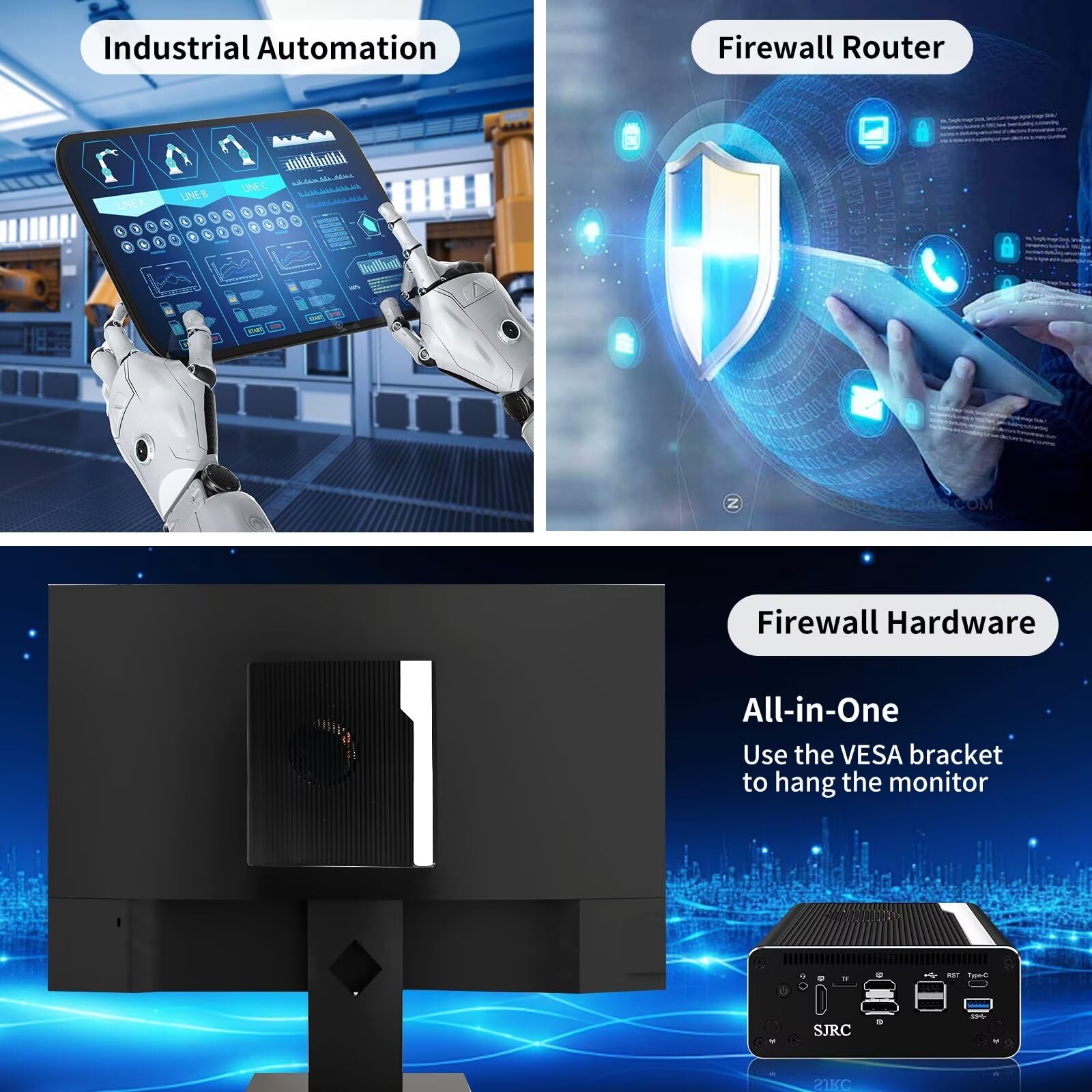 SJRC Firewall Mini PC 10 GbE, 5 cœurs 13e génération U300E Micro application, double SFP+ 10 Gigabit, 4 x i226 V 2,5 GbE LAN, DDR5 8 Go de RAM 128 Go SSD, prend en charge OPNsense, HD, DP, Typc-C, 4K