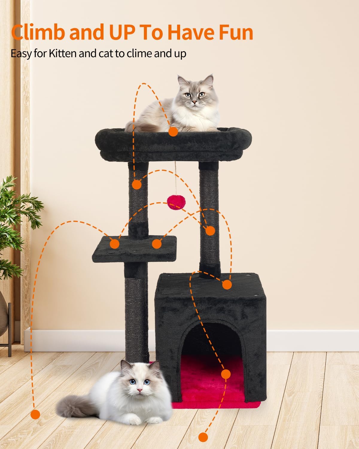 FISH&NAP Cute Cat Tree Kitten Cat Tower for Indoor Cat Condo Sisal Scratching Posts with Jump Platform Cat Furniture Activity Center Play House RedBlack