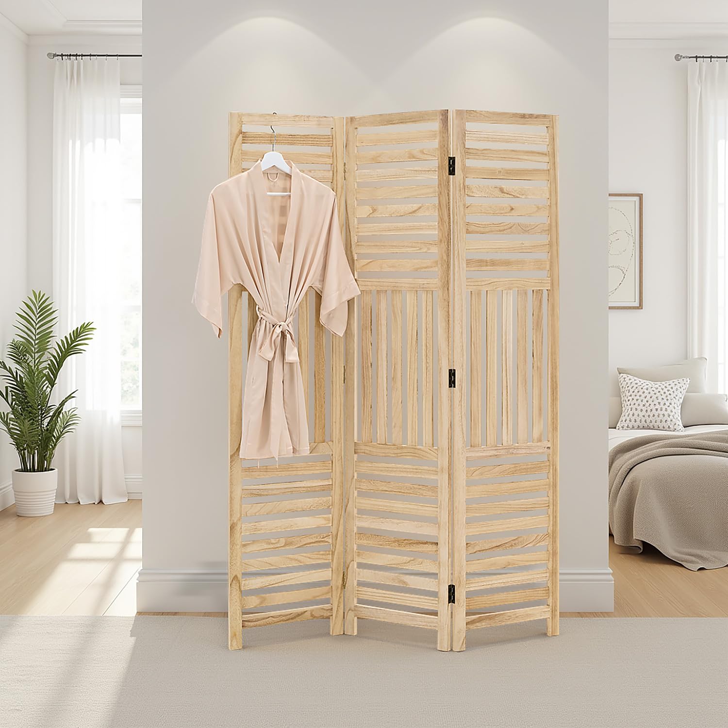 Homestyle4u Parawan, 3-częściowy, do wnętrz, parawan, drewniane lamele naturalne, 170 x 120 cm, ścianka działowa, ochrona przed wzrokiem, drewno wolnostojące