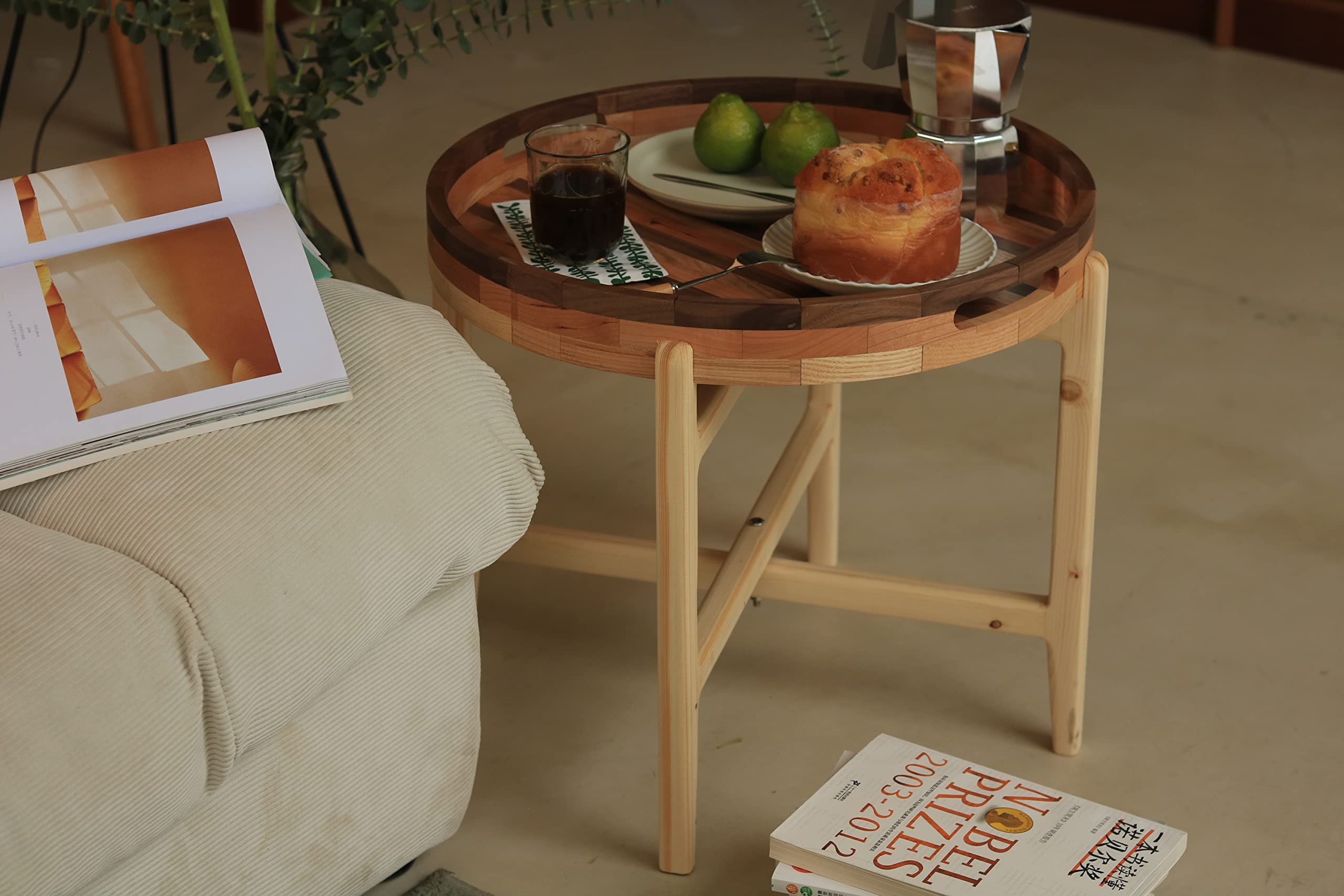 MUYOCUN 20 Inches Round Walnut Wood Ottoman Tray, Includes Stand of Tray Side Table,Decorative Tray Camping,Garden Gathering,RV Traveling Table