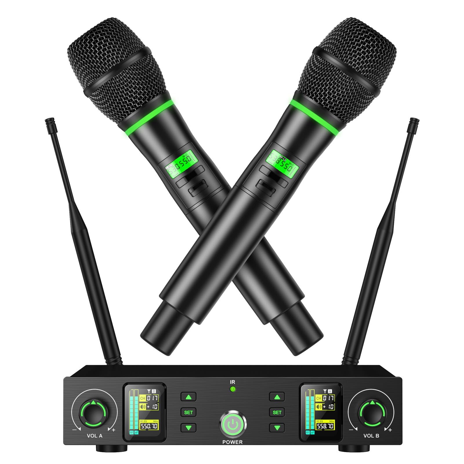 RiworalWireless Microphone System Dual Handheld Dynamic Mics Set 2x100 Adjustable UHF Channels Auto Scan,Long Distance 328ft with Receiver for Karaoke,Support PA System Home Theater Karaoke