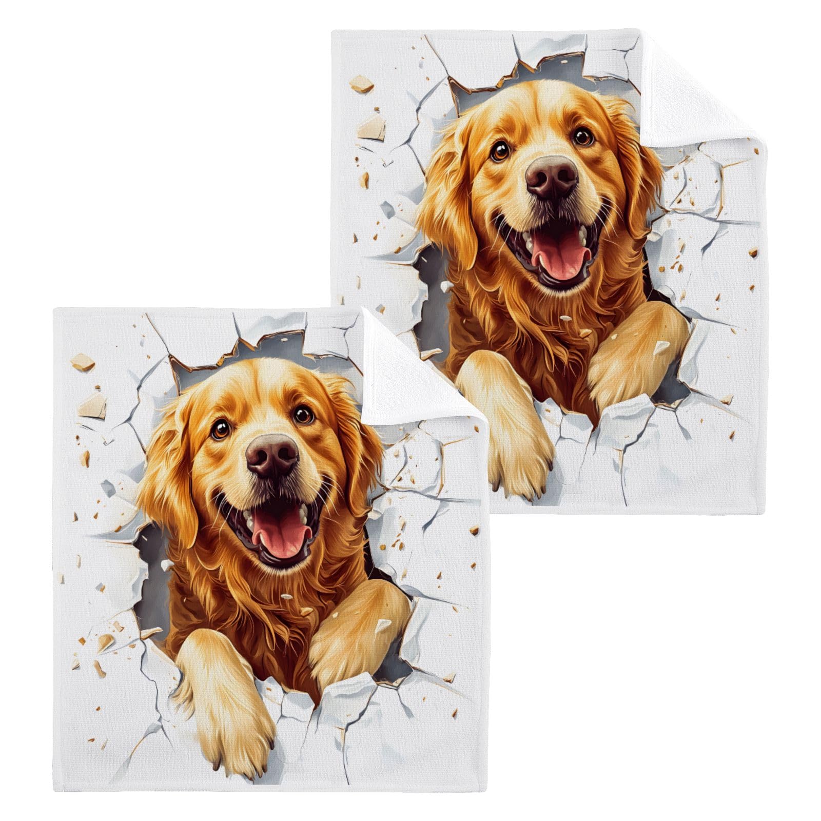 ALAZA Wash Cloth Set 100% Cotton Fingertip Towels Face Cloths Sets Grinning Golden Retriever Highly Absorbent Soft Feel Set of 2