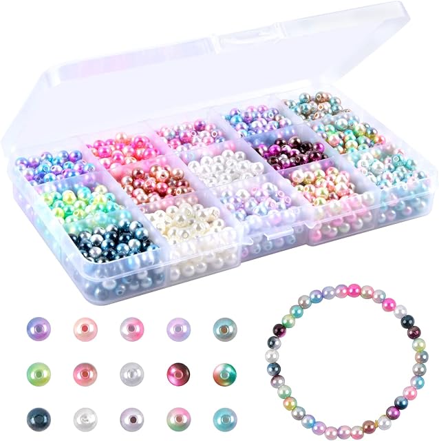 1200 Pcs 6mm Round Pearl Beads Coloured Pearl Beads Plastic Imitation Pearls Pearlized Beads Artificial Faux Pearl Spacer Beads with Large Hole for Jewellery Making Necklace Bracelet Earring DIY Craft