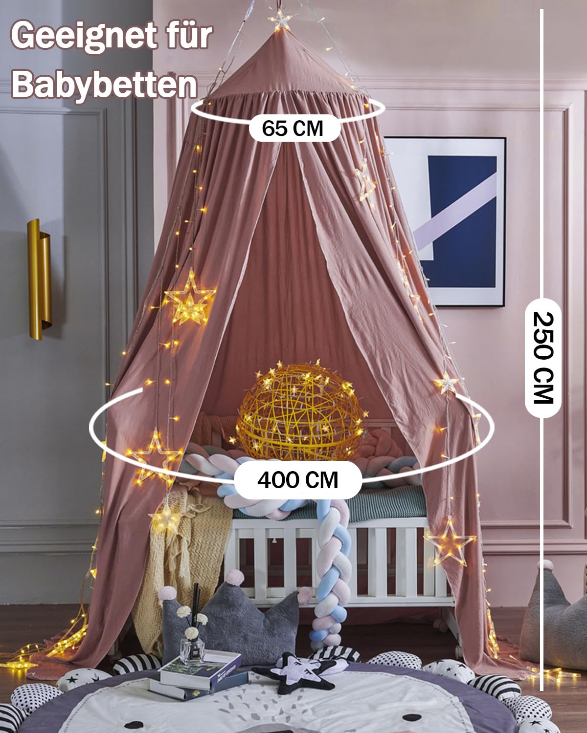 Surwin Moskitonetz Betthimmel Madchen Jungen Kinder Babybett, Rund Baldachin Mückennetz Einzelbett kinderzimmer Schlafzimmer Spiel für Reise Indoor Outdoor Dekoration - Dunkelpink
