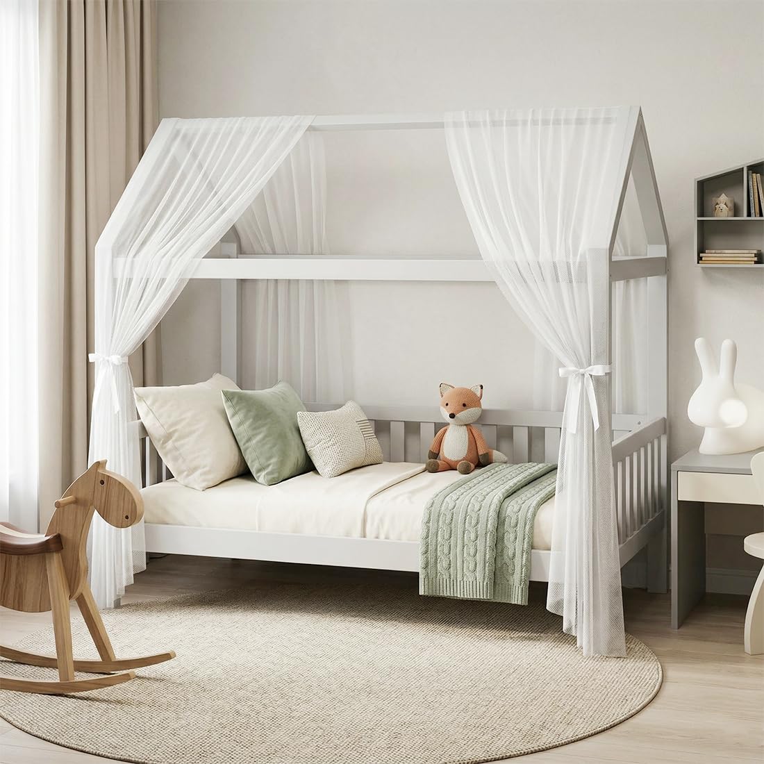 Hausbett Himmel aus Tüll 2er-Set, 150x350 cm Prinzessin Betthimmel Hausbett | leichte atmungsaktive Stoffvorhänge Baldachin für Mädchen Zimmer Dekoration, Hausbett Deko, Mückenschutz (Weiß)
