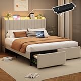 Full Size Bed Frames with Storage Headboard and 2 Drawers&comma; Upholstered Platform Bed Frame Full with Led Lights and Handy Charging Station&comma; No Box Spring Needed&comma; Easy Assembly&comma; Noise Free&comma; Beige