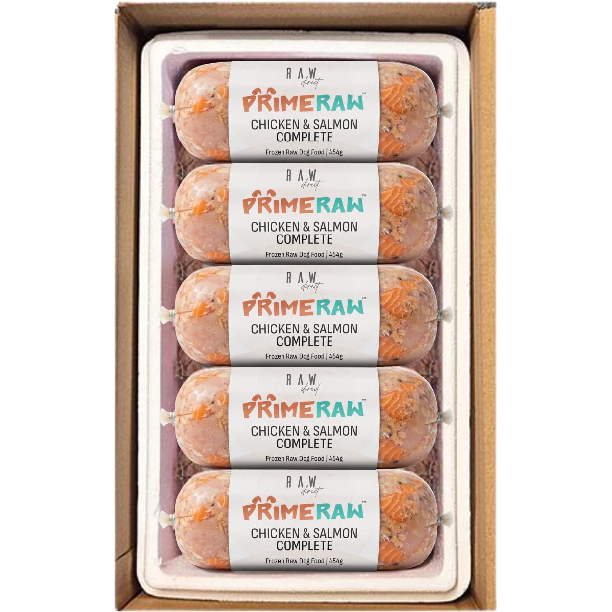 RAW DIRECT Prime Raw Frozen BARF Dog Food – 454g Rolls | 20 or 30 Rolls Pack | Premium Natural Barf Diet | High-Protein, Grain-Free & Nutrient-Rich (10, Chicken & Salmon)