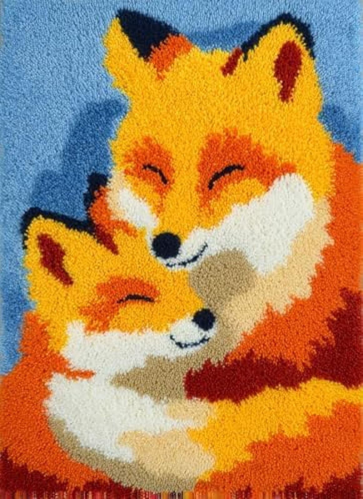 XDEGHUANGSS Latch Hook Rug Kit Fox Mom and Baby Fox Cushion Cover DIY Craft Set Pre-Printed Mat 38x52cm for Home Decor-3