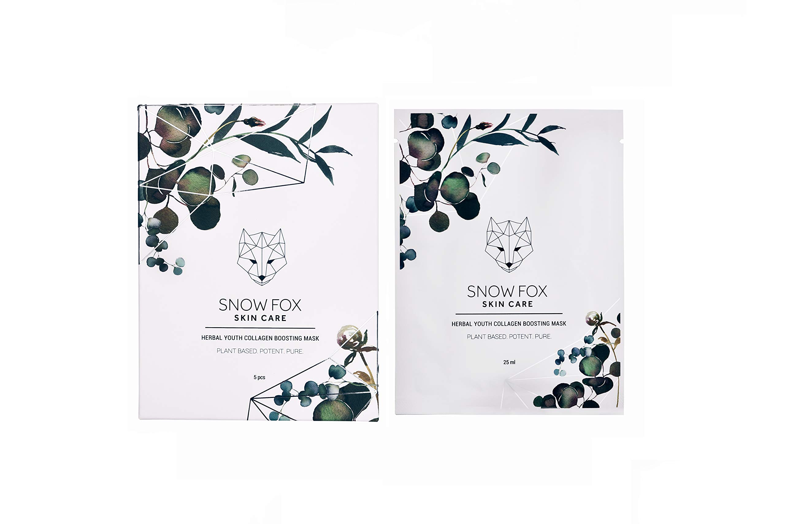 Snow Fox Herbal Youth Collagen Boosting Mask – Anti-Aging Hydrating and Toning Mask with Certified Organic Ingredients that Boost Collagen and Elasticity Production for a Radiant Youthful Glow (5 pcs)